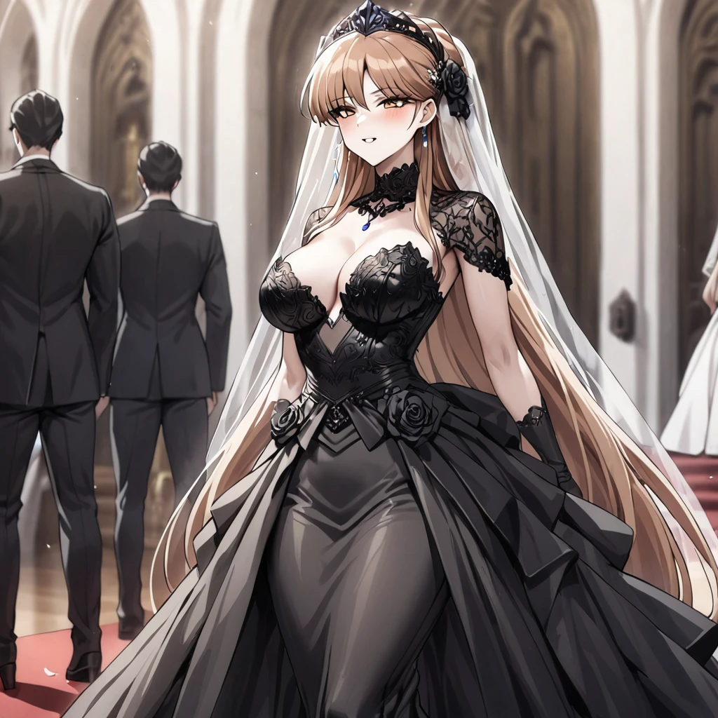 ((Highest quality)), ((masterpiece)), (detailed), （Perfect Face）、The woman was Princess Leona, with long light brown hair and a gorgeous, bewitching black wedding dress and wedding veil.、In a luxurious church wedding hall, a woman is getting married to an evil emperor dressed in a dignified and powerful black outfit.、The woman has long hair