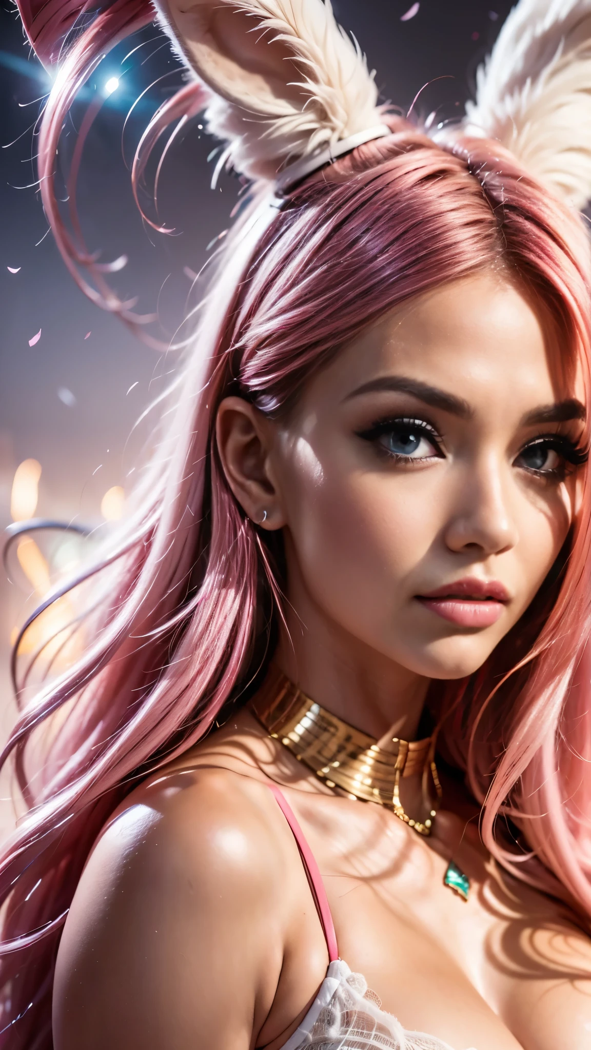 anime style, a closeup of a cartoon of a woman with ears and rabbit tail, with rabbit tail, with rabbit ears, girl design, mara, portrait, giesha, anime image, long hair, pink hair, hair covering ears, happy, polished and powerful look, exotic, tall