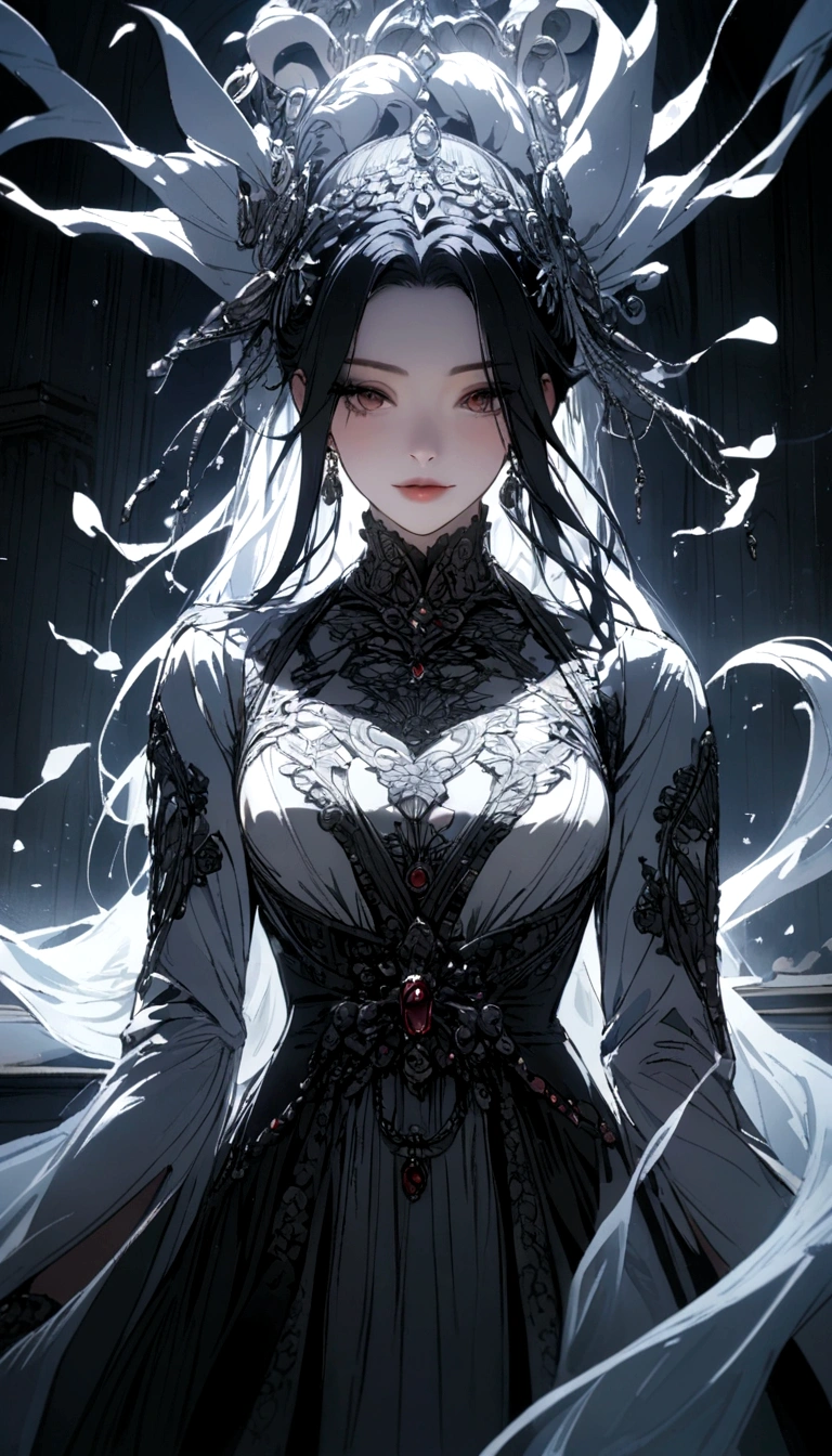(((Masterpiece, photorealistic, photorealism, 8k, best quality, ultra-detailed))), cinematic light, official art, (1girl:1.3), (solo:1.4), (((sit))), trunk, sideways, medium breasts, narrow waist, sexually seductive, barefoot, (((goddess))), gorgeous and sexy costumes,photography, ((((crystal and diamond decoration)))), china dress, black stockings, ((((white rose background)))), white hair, fair skin, bare shoulders, navel, hair ornament, fantasy, (((magic glow)))