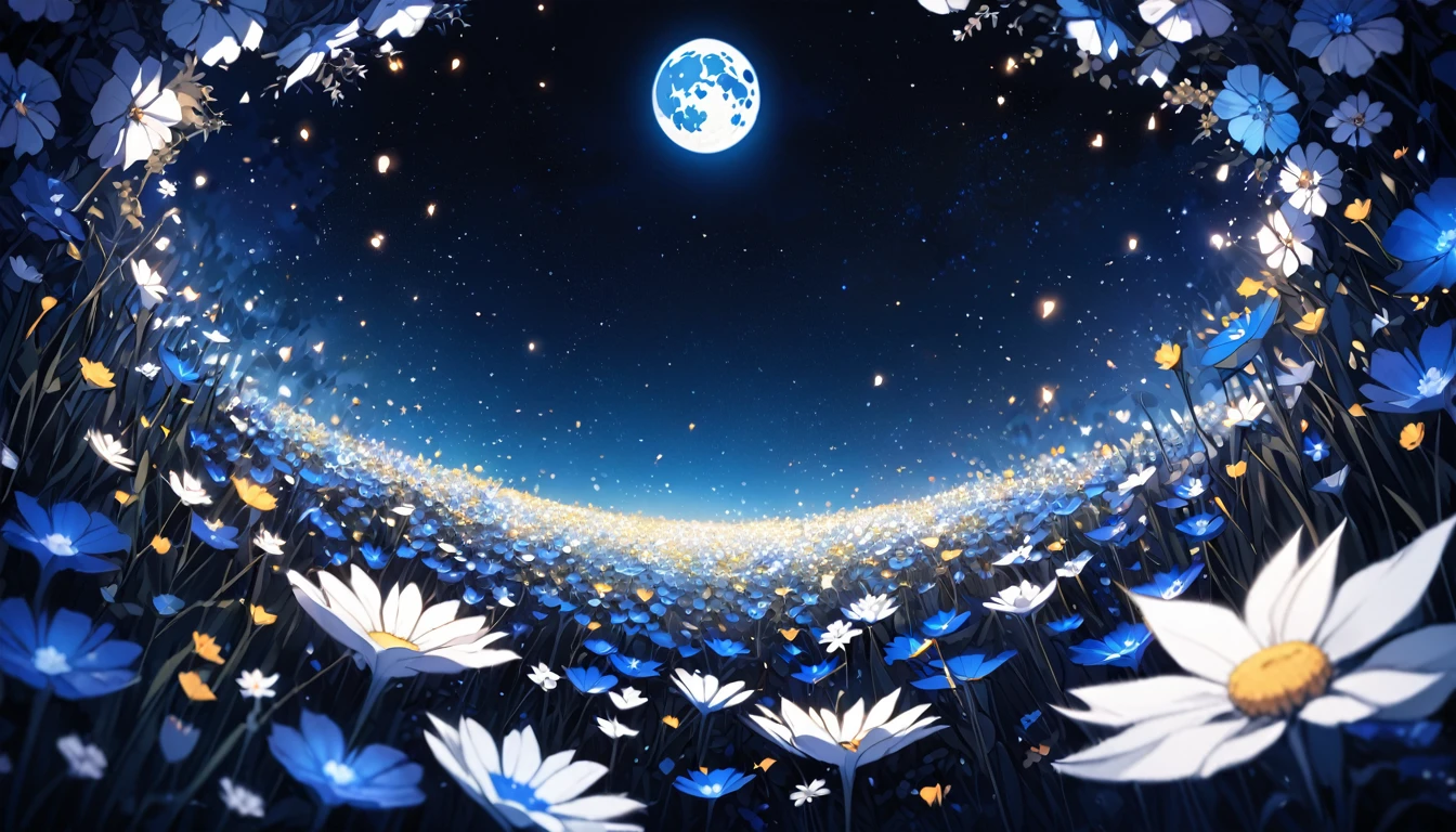 close-up flower field at the bottom, lots of flowers, starry night sky above, midnight, full moon, blue tint, completely dark surroundings, pitch black, fantasy feeling
