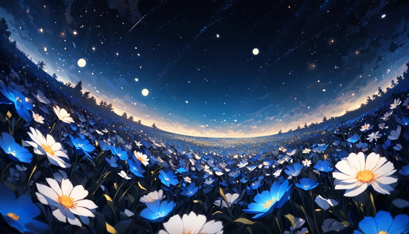 close-up flower field at the bottom, lots of flowers, starry night sky above, midnight, full moon, blue tint, completely dark surroundings, pitch black, fantasy feeling