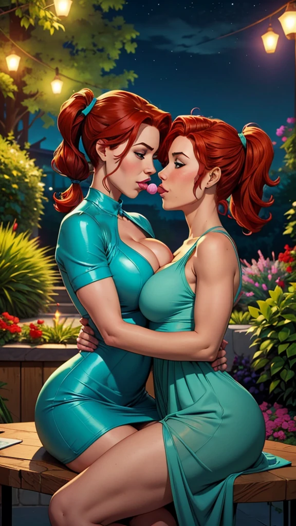 A girl in an elegant turquoise dress is sitting on a table. she has pigtails and red hair. Busty. A garden at night. Comic style. Hd image. Marvel comics. Front pose. she has a lollipop in her mouth. she is hugging another woman sensually. they look at each other