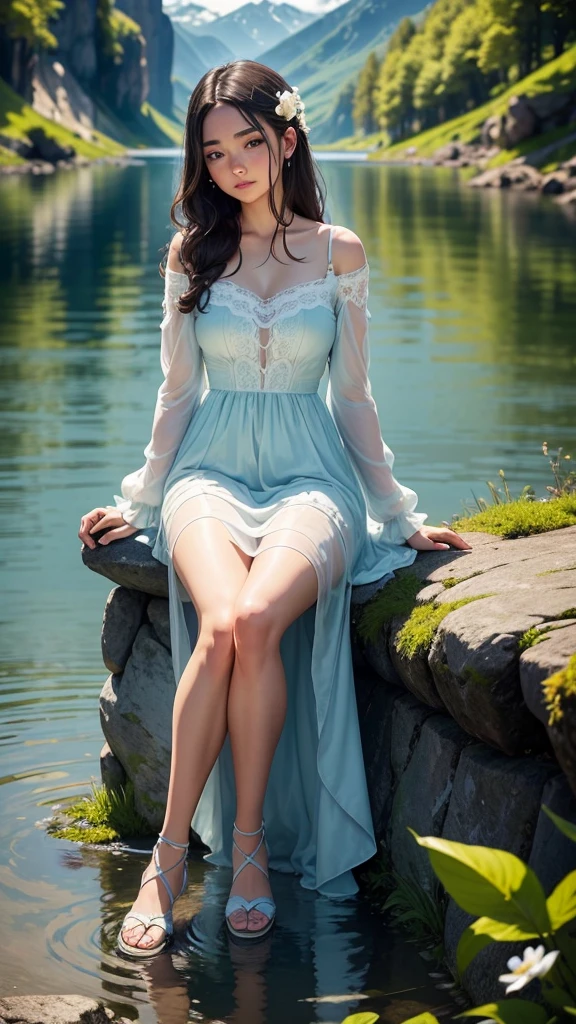 create image, where we see a young woman sitting by a serene lake, surrounded by a green landscape with mountains in the background. She has long, wavy hair, de cor castanho-escuro, adorned with small white flowers intertwined. His eyes are big and green, with a calm and contemplative look.
She's wearing a long, flowing dress, light blue color, that flutters gently in the breeze. The dress has wide, long sleeves, and lace details along the neckline and cuffs, giving a romantic and ethereal air to your appearance. on your feet, She wears simple brown leather sandals.
The young woman is sitting sideways, with one leg bent and the other extended, hands resting lightly on bent knee. Your face is tilted slightly downward, as if you are deep in thought or enjoying the serenity of your surroundings.
The surrounding scenery is made up of crystal clear lake water., smooth stones and dense vegetation. The sun shines softly, creating golden reflections on the water surface and highlighting the soft contours of the young woman and the natural environment. The overall atmosphere of the image is one of peace and harmony, capturing a moment of introspection and natural beauty.