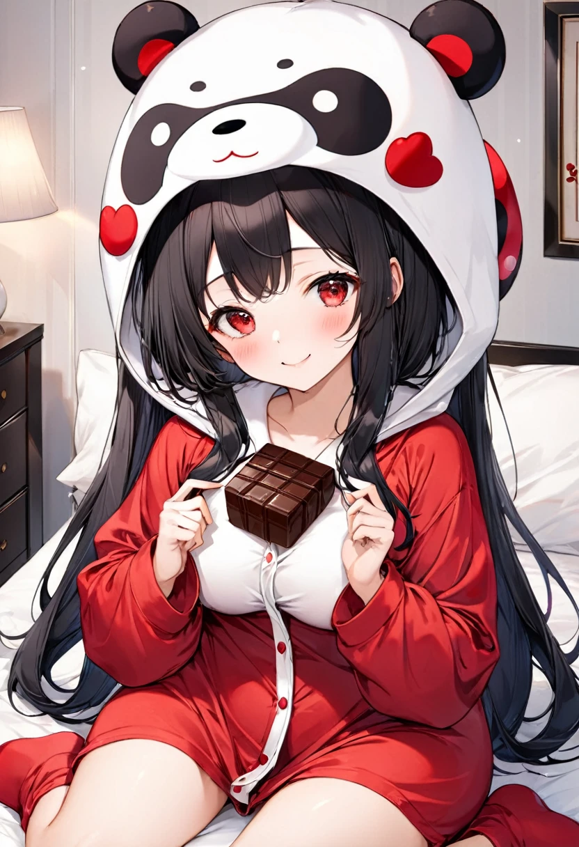 (Kigurumi pajamas style) (18 yo, solo straight:1.2 black hair long hair sexy girl, cute red eyes, love smile, big tits), (hand holding a biggest shape of number 0:1.5 for chocolate), (in a Kumamon hooded kigurumi pajamas), break, in the lovely bedroom of Kumamoto, BREAK, masterpiece, best quality, 16k, beautiful detailed grow, daydreaming expression.