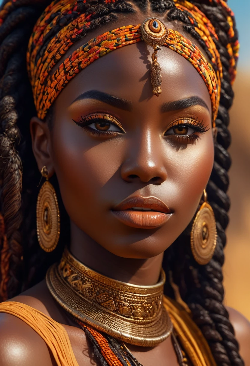 a detailed portrait of an african god, beautiful detailed eyes, beautiful detailed lips, extremely detailed face and skin, long eyelashes, intricate braided hairstyle, tilted view from the front, 4k, ultra-detailed, high resolution, photorealistic, masterpiece, cinematic lighting, dramatic shadows, rich vibrant colors, warm color palette