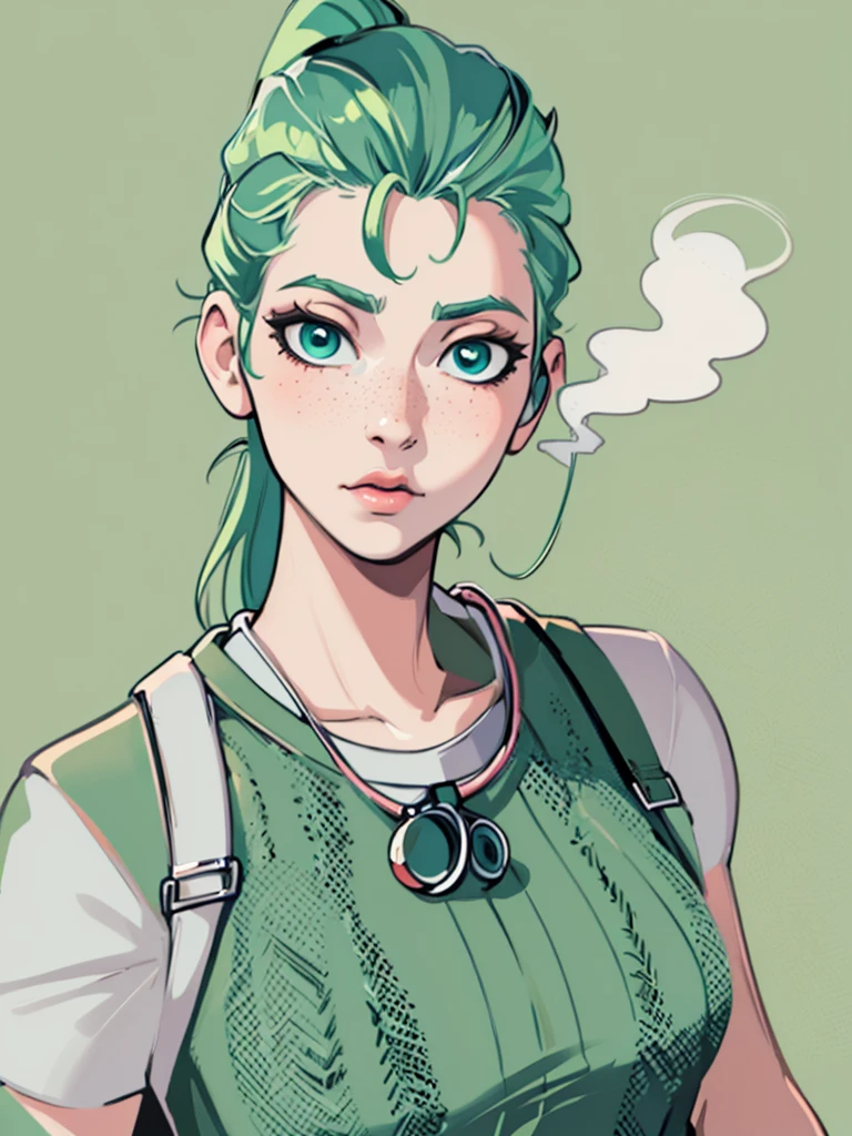 Masterpiece, best quality, college student, centered in frame, portrait, female, pale skin, stressed expression, stethoscope, busty, smoking cigarette, eye bags, nervous, peach lips, ponytail, pastel green hair, couch landscape, green eyes, paramedic uniform, green freckles, beautiful,