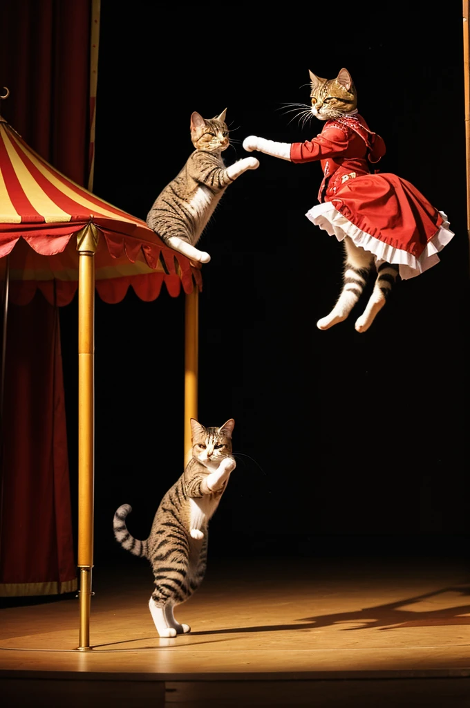 Cat dancing in a circus with a baguette