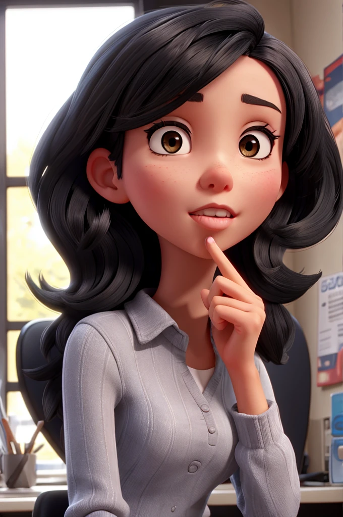 Slim girl with black hair sucking finger