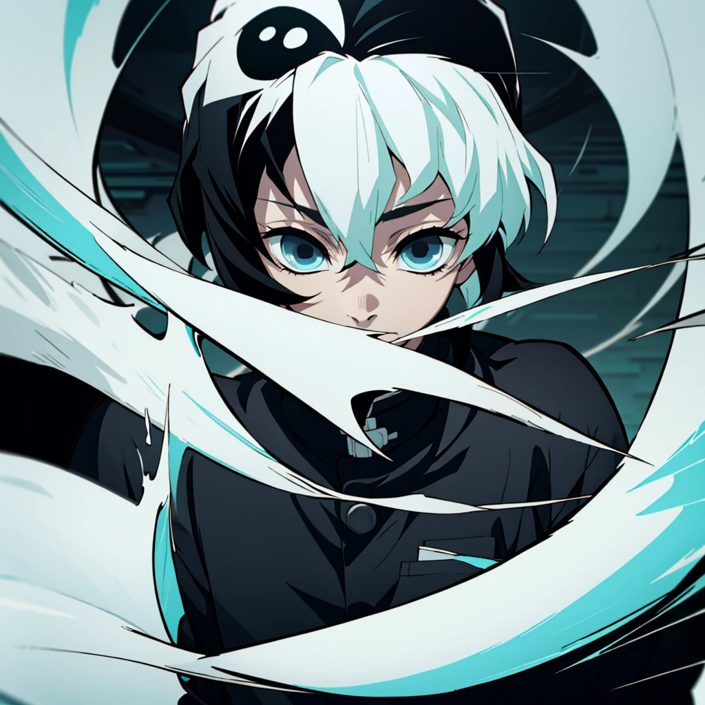 fifteen year old male, Uniform demon slayer, ying yang sword, Beautiful visual quality, Short hair, White and black color theme