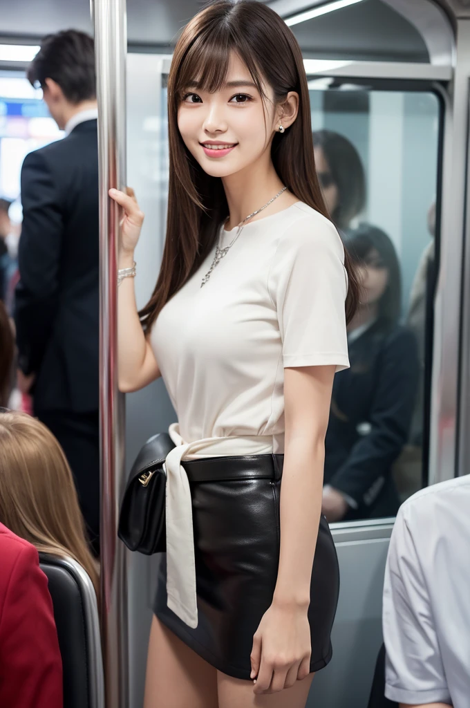 A packed train in tokyo, office ladies commuting to work, suits, people standing so close together that their bodies are touching, ((full body)), ((photo)), ((best qualtiy, 8K, tmasterpiece:1.3)), Focus:1.2, perfect figure beautiful girl:1.4, 1girl, cowboy shot, look at viewer, incredibly absurd, beautiful and cute girl with a photorealistic face, showcasing top-quality craftsmanship, A Japanese woman looking cramped on a crowded train, 20 years old, long dark brown hair that falls to her shoulders, long shiny hair, with bangs, side parted hairstyle, brown eyes, round face, small nose, cherry red lips, bright smile, white teeth, smooth skin, healthy complexion, small ears, natural eyebrows, long eyelashes, slim, well-balanced proportions, moderate muscle, slim waist, round hips, supple limbs, short nails, beautiful C cup breasts, white blouse, black tight skirt, heeled pumps, silver necklace and bracelet, black belt, pretty older woman, beautiful, neat, soothing, cute voice, polite, kind-hearted, responsible, positive, optimistic, sociable, good communication skills, April