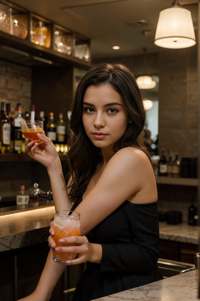 A photorealistic portrait of a 21-year-old Colombian girl with long, flowing dark hair and striking dark eyes. She should have a confident, relaxed expression and be illuminated by the ambient lighting of a stylish nightclub bar. The background should depict a sleek, modern bar with a variety of colorful drinks and a skilled bartender. She is standing at the bar, holding a cocktail and chatting with a friend, wearing the same chic, form-fitting black dress and her hair styled in loose waves. Capture this moment with a high-resolution photograph using an 85mm lens to highlight her sophistication and the elegant bar setting.