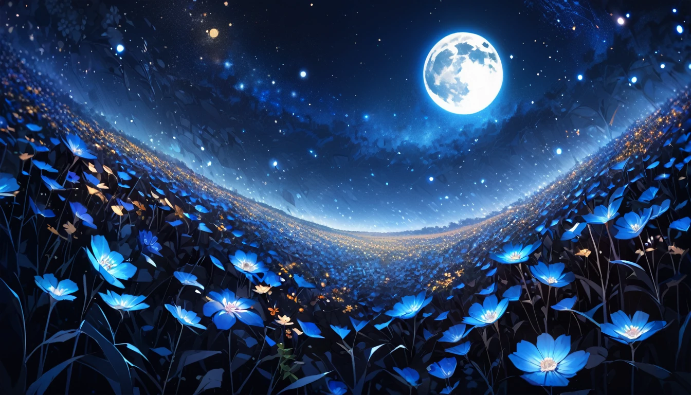 close-up flower field at the bottom, lots of flowers, starry night sky above, midnight, full moon, blue tint, completely dark surroundings, pitch black, fantasy feeling