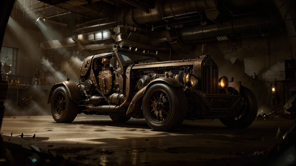 batmobile steampunk, batcave steampunk, Canon, Fujifilm, Wide-Angle, panorama, first-person view, reflection light, ray tracing, 16k, 8k, highres, best quality, award winning, high quality, super detail, high details, masterpiece, accurate