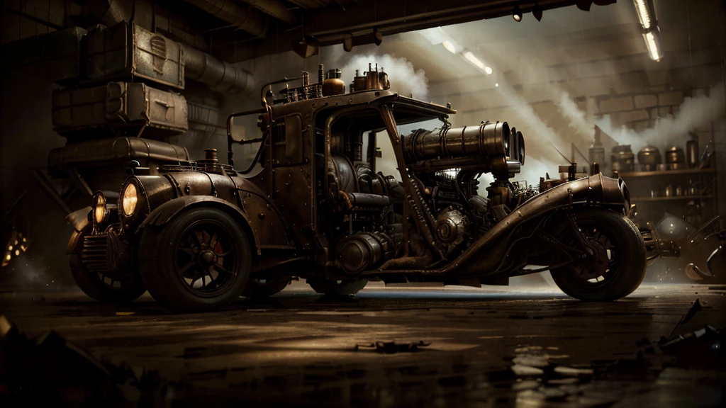 batmobile steampunk, batcave steampunk, Canon, Fujifilm, Wide-Angle, panorama, first-person view, reflection light, ray tracing, 16k, 8k, highres, best quality, award winning, high quality, super detail, high details, masterpiece, accurate