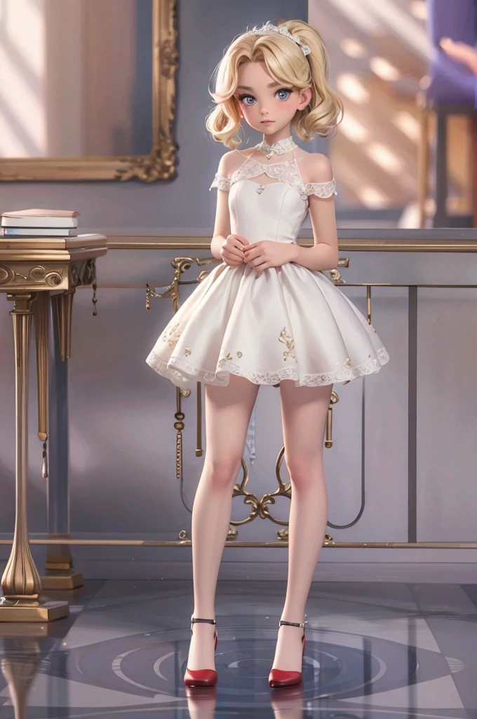 hyperrealistic american teen, blonderfect tiny body, sexy, dark makeup, perfect slim face, big red lips, very cute face, tiny body, big eyes, young looking, childish looking
