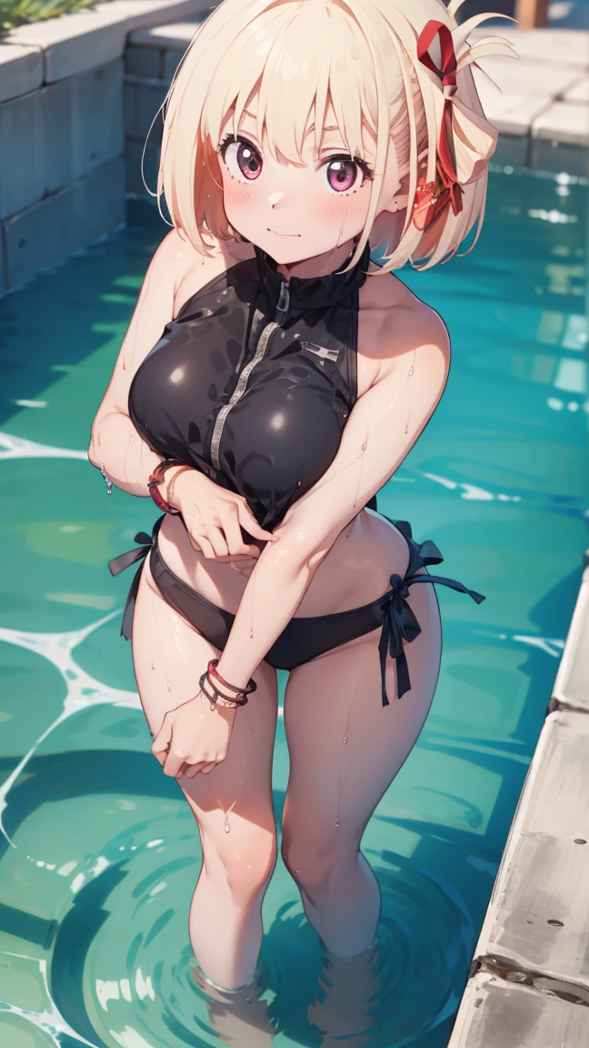 1girl, Chisatoniki, Nishikigichisato, short-hair, bangss, blondehair, Hair Ribbon, full body Esbian, barechested, When you see the breakage, looking at viewer, looking down, Blush,ass, pulling bikini, top-quality, hight resolution, 8K wallpapers, illustration, beatiful detailed eyes, extra detailed face, Perfect litthing, extremely details CG, perfect hand, perfect anatomia, looking at viewer, bracelet, sexy,(wet), curvy body, looking down, Blush,ass
