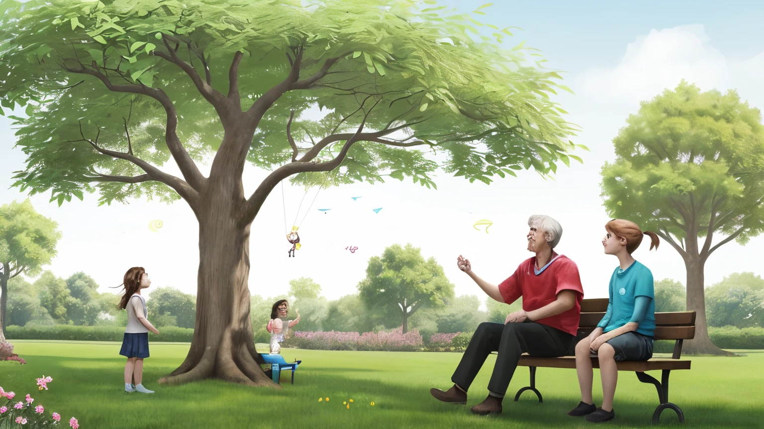 Illustrate a scene from the story "The Lost Kite." The scene should capture the moment when Alex and Lucy, with the help of the park gardener, are working together to retrieve Alex's kite from the tall tree. The kite is stuck high in the branches of a leafy tree, swaying gently in the breeze. Alex, a young boy, is looking up at the kite, with a hopeful expression on his face. Lucy, a friendly girl, is standing beside Alex, pointing towards the kite, and offering her support.

The park gardener, an older and kind-looking man, is holding a long ladder against the tree, preparing to climb up to reach the kite. In the background, the park is depicted with lush green grass, flowers, and other trees, creating a cheerful and inviting atmosphere. A nearby bench where Alex was initially sitting should be visible, and some children can be seen playing in the distance.

Capture the expressions of cooperation and kindness on the faces of Alex, Lucy, and the gardener, highlighting the teamwork and friendly assistance that brought about a happy resolution to the situation.
