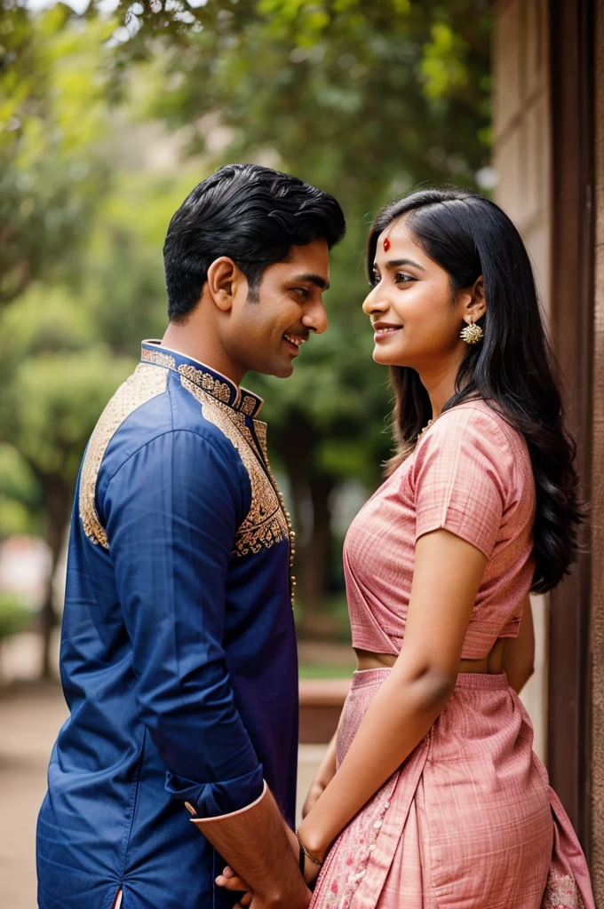 indian couple on a date looking at each other and blushing
