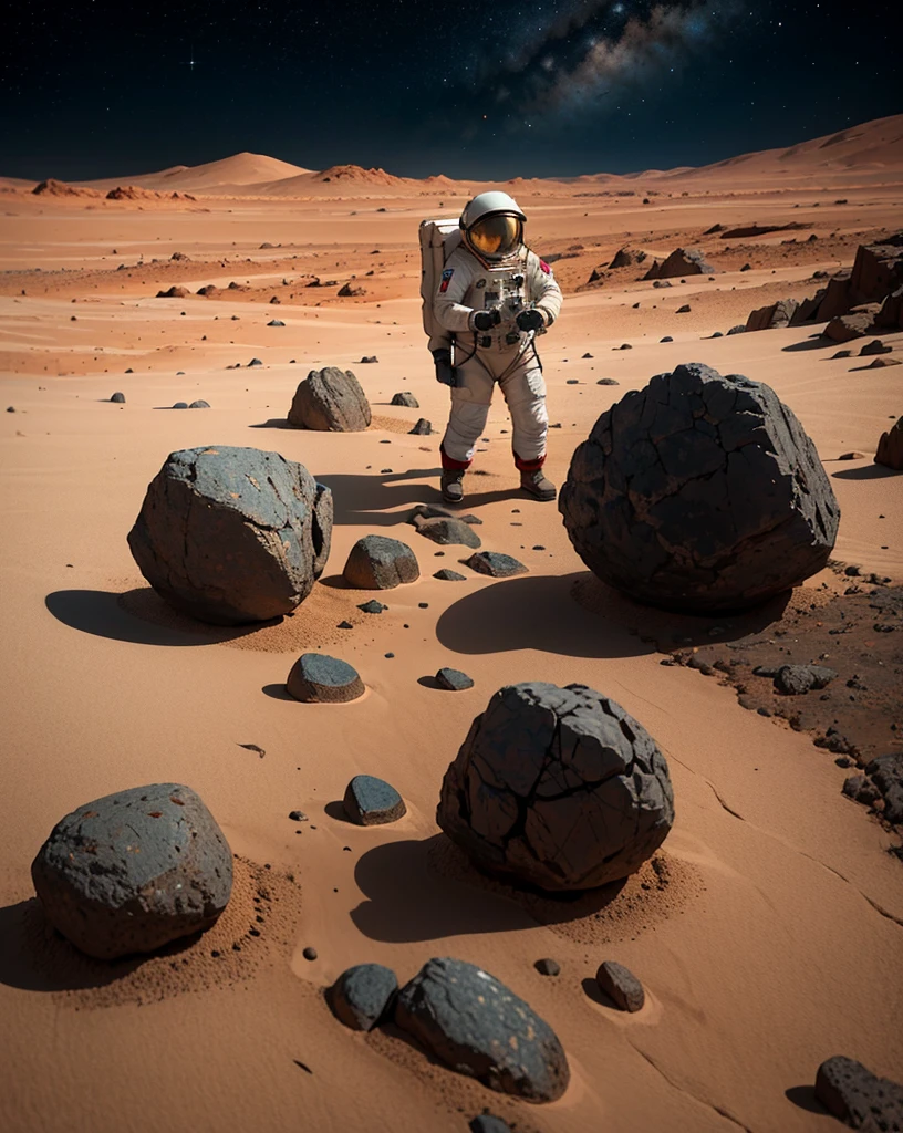 Create a painting of three astronauts collecting rocks and taking samples with advanced technological equipment on Mars at night. The environment should be very rocky, with an abundance of stones and various-sized rocks scattered around. The Martian landscape is illuminated by the faint light of distant stars and the astronauts' headlamps. The sky is dark, filled with stars, while the reddish hue of Mars' surface contrasts with the cold, dark night. The astronauts should be equipped with scientific tools and instruments, actively engaged in their work. Ensure the scene captures the rugged and barren nature of Mars, emphasizing the rocky terrain and the astronauts' detailed activities.