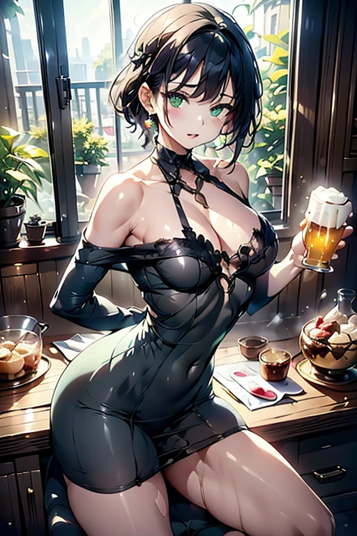 (Small breastss:1.3), (Firm :1.1), (Pointed :1.0), (Pudding cake magazine cover:1.3)，(From above:1.0),(From the side:0.9),masterpiece, One girl, Great :1.1, Narrow waist, BIG , Raised to be , Small : 1.3, Posing and showing off :1.2、alone, Open your mouth, cute beer glass cute grass,Black Hair, Dark green eyes, dress, Exposing shoulders, jewelry, clavicle, Side Lock, hair band, Earrings, indoor, Off the shoulder, sweater, Put your arms behind your back, plant, short hair and long locks, gild hair band, sweater dress:1.2, off-shoulder sweater, red sweater, Dark Gorgeous Hair, Big side hair, Very long side hair,Rendered (masterpiece: 1.2, highest quality), and (Ultra-high resolution) And exquisite (Depth of written boundary). This masterpiece is not only visually stunning but also tells,Cooking in the classroom kitchen ,View Viewer,
