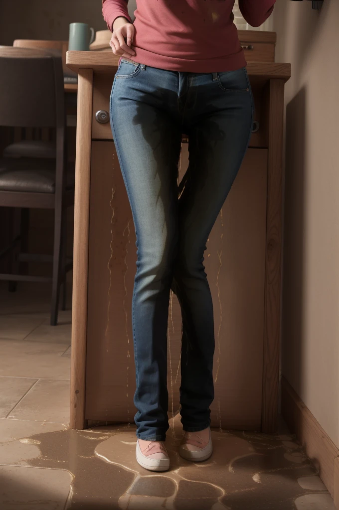best quality, masterpiece, highres, realistic, 8k, soft lighting, cinematic lighting, (3girls), 18 years old, wearing hijab, blue jeans pants, (full body), blush, worried, ((((((pee stain))))))