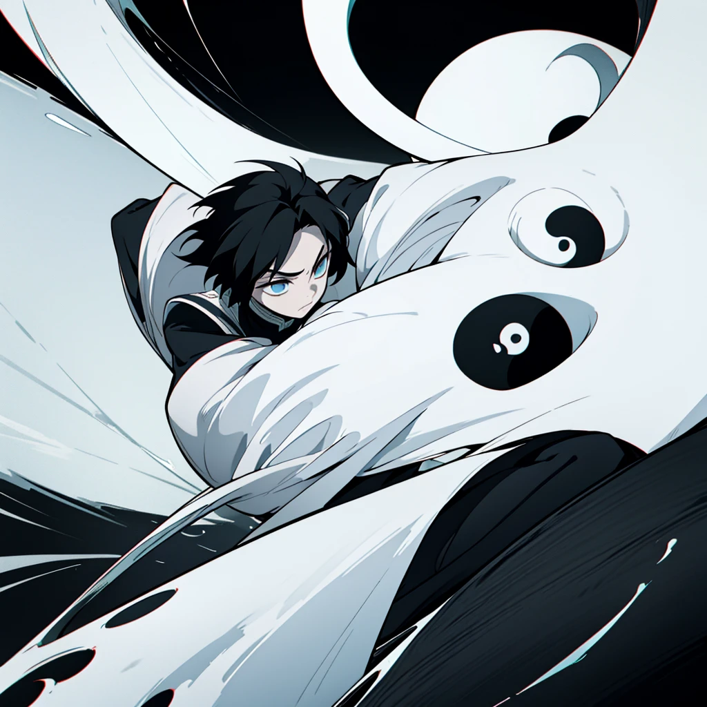  male, Uniform demon slayer, ying yang sword, Beautiful visual quality, Short hair, White and black color theme