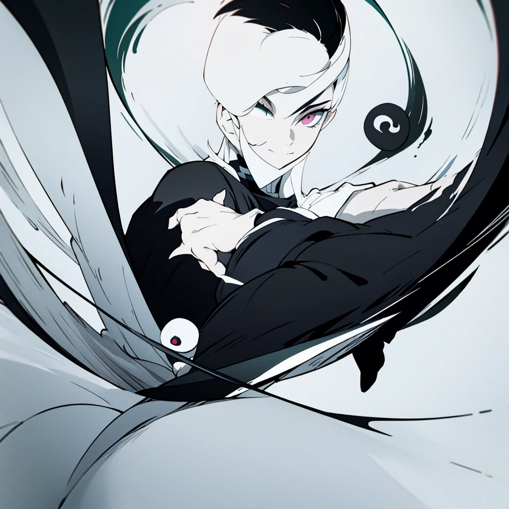 fifteen year old male, Uniform demon slayer, ying yang sword, Beautiful visual quality, Short hair, White and black color theme