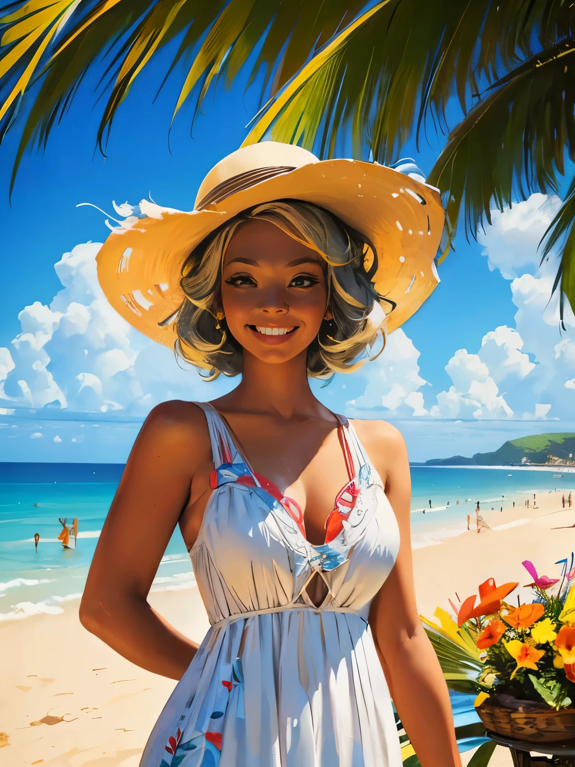 old retro poster, Caribbean seaside, Neon, photo shoot, 1 ultra hot gorgeous woman. Age 23. Smile. Happy. short white wavy hair, expressive breasts, in a white sundress with a pattern of flowers on fabric, fashionista, 80s, hd