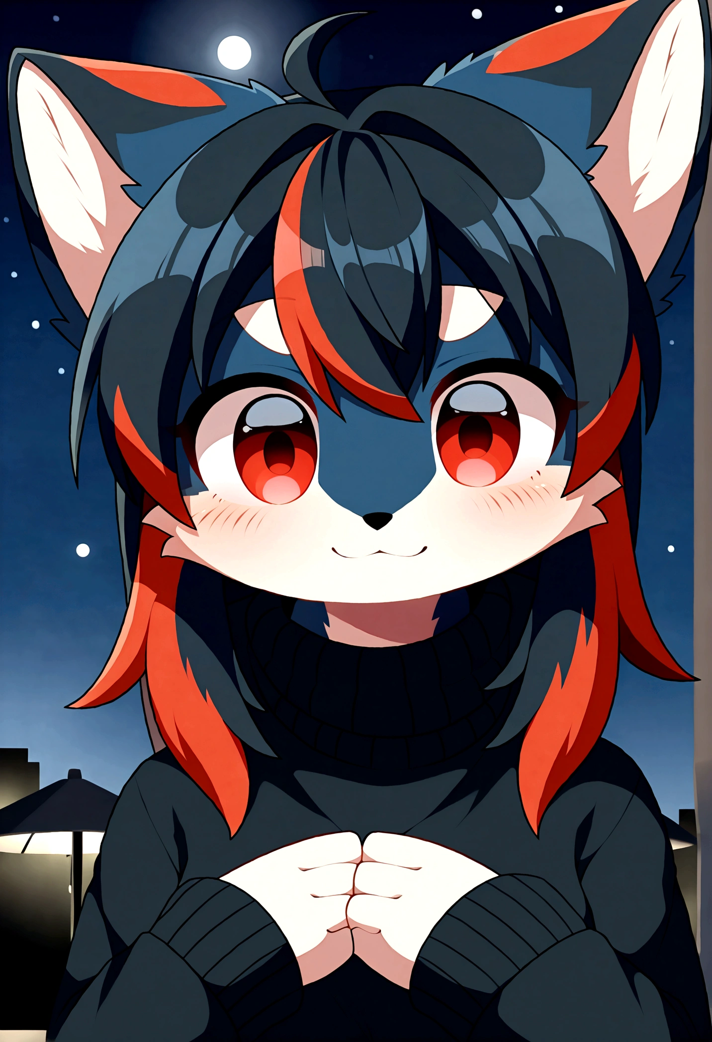 best quality, kemono, anime, female, furry, anthro, full body, solo, fox, two tone body, (masterpiece), beautiful, highly detailed, 8k uhd, intricate details, best quality, HD, 1girl, furry, fluffy, anthro, black face fur with red spots, (cute, adorable face:1.3), {black fur|red fur}, two tone fur, dual tone fur, black sweater, night, blurry night city background, fov, upper body