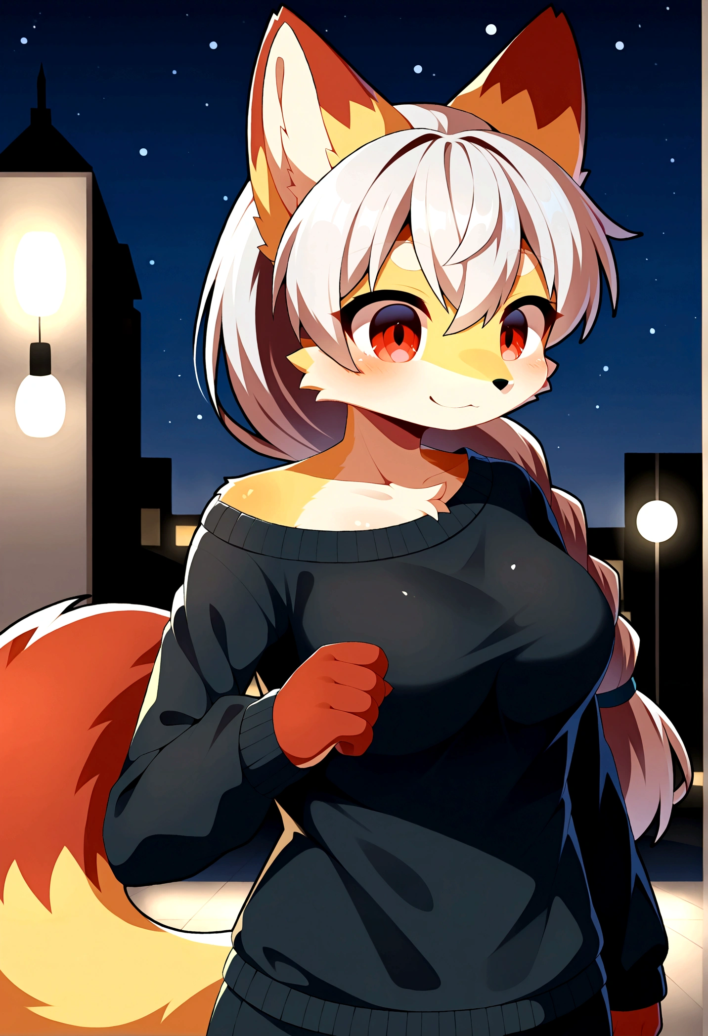 best quality, kemono, anime, female, furry, anthro, full body, solo, fox, two tone body, (masterpiece), beautiful, highly detailed, 8k uhd, intricate details, best quality, HD, 1girl, furry, fluffy, anthro, black face fur with red spots, (cute, adorable face:1.3), {black fur|red fur}, two tone fur, dual tone fur, black sweater, night, blurry night city background, fov, upper body