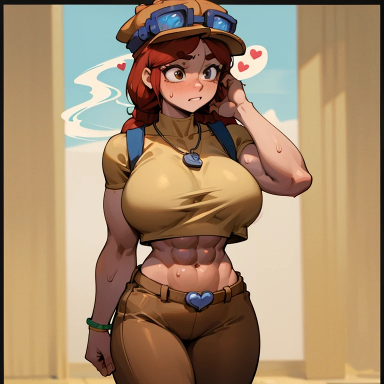 Adult, Sexy girl, lean, thick thighs, biceps, ripped abs, yellow stripped shirt, big breasts, wearing brown trousers, blushing , gold belt, huge hips, sexy body, lots of freckles, tan, sexy face, Goggles on hat, hot face , beautiful face, x-shape on shirt, perfect eyes, sweaty abs, sexy figure, adult, sexy, huge hips , wearing neckless bright atmosphere, short girl, standing ,sexy body , wearing heart neckless, touching face, wide body, hands on head, long hair, perfect arms, brown eyes, looking down, very sweaty, sweating, focused eyes, smoke everywhere, surprised, sexy, in battleground, abs bursting out, 6 pack abs , 1 girl, biceps, brown eyes, wearing bracelet, cool hair style, POV looking up, ripped abs, hat on, crop top, insane abs size, detailed shirt, wearing backpack, detailed abs, surprised face, other arm on breast