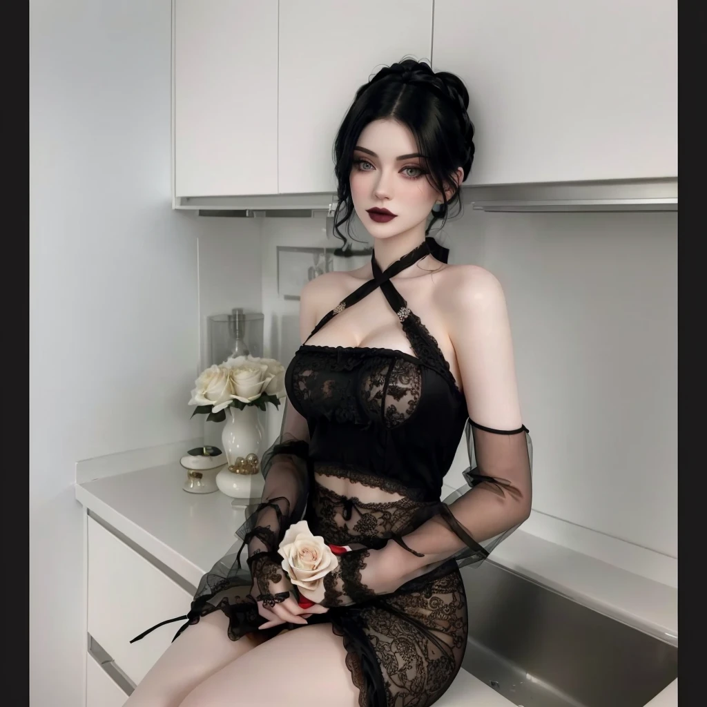 there is a woman sitting on a counter with a rose in her hand, with pale skin, pale goth beauty, young beautiful amouranth, sexy look, lacey, very sexy outfit, sensual gloomy style, very beautiful goth top model, wearing sexy lingerie, kylie jenner, 1 7 -  - old h girl, sexy outfit, sexy dress, pale fair skin!!