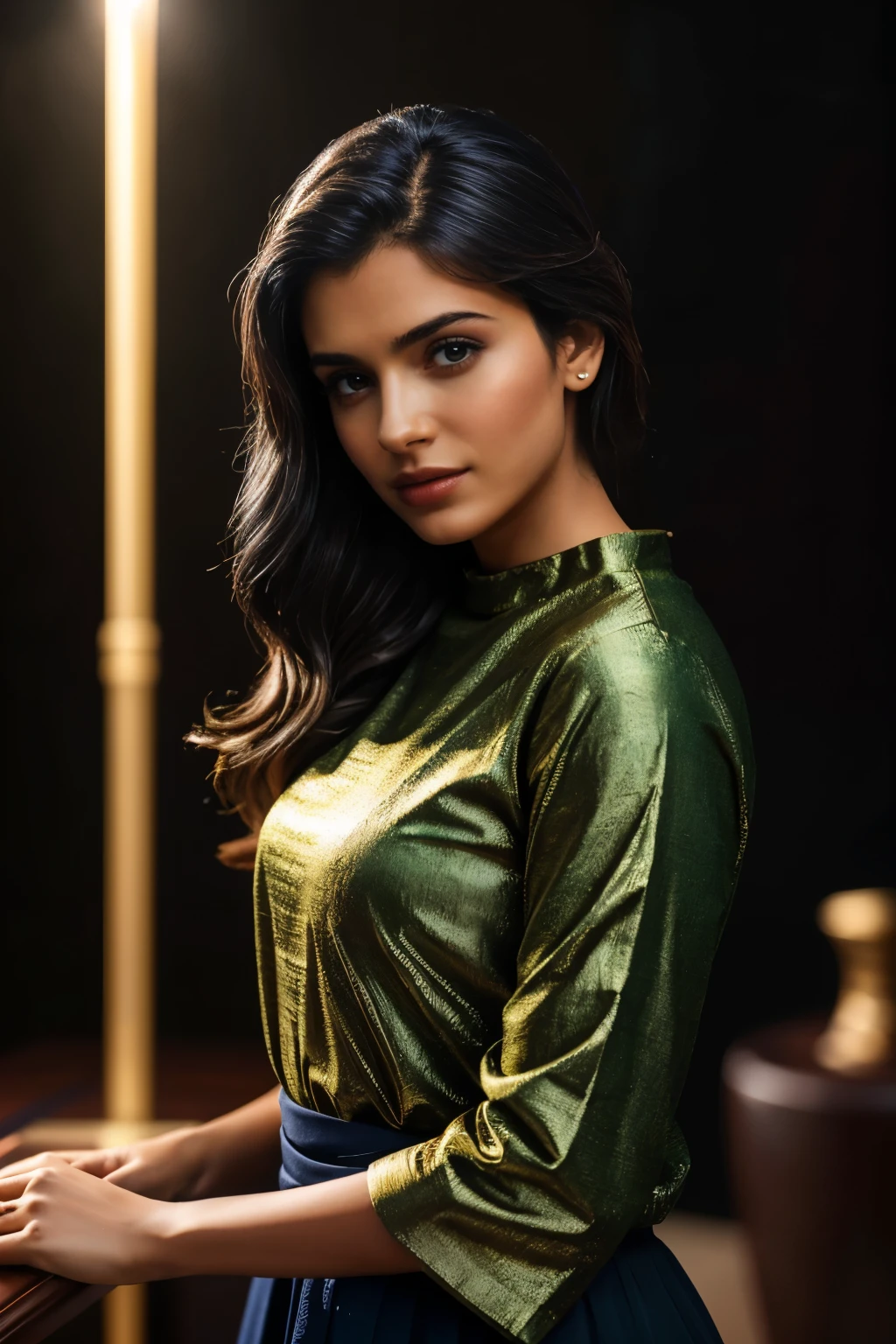 In this photograph, an Indian Instagram female model in her mid-20s takes center stage. (highly detailed face:1.4) (smile:0.7) (background 5-star hotel, moody, private study:1.0V, by Lee Jeffries, Nikon D850, film stock photograph, 4 Kodak Portra 400, camera f1.6 lens, rich colors, hyper-realistic, lifelike texture, dramatic lighting, Cinestill 800, realistic). She is wearing only blouse and skirt of indian traditional saree

The photograph is meticulously captured in 8K resolution using cutting-edge techniques such as Cinema 4D and Octane Render, resulting in a highly detailed and photorealistic image. Studio lighting, HDR, and a smoky mist create a captivating ambiance, while the bokeh effect adds an artistic touch.