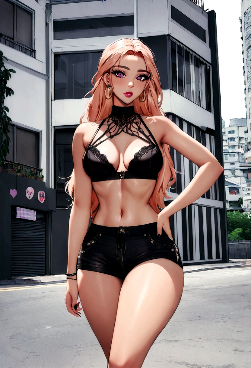 Araffe woman in black lingerie posing near a building, bra and shorts in streetwear, Violet Myers, young lady, sexy girl, 30 year old woman from Cuba., 18 years, sexy black shorts, Looks like Fabiula Nascimento, her navel is exposed, Instagram model, 16 years, seductive lady
