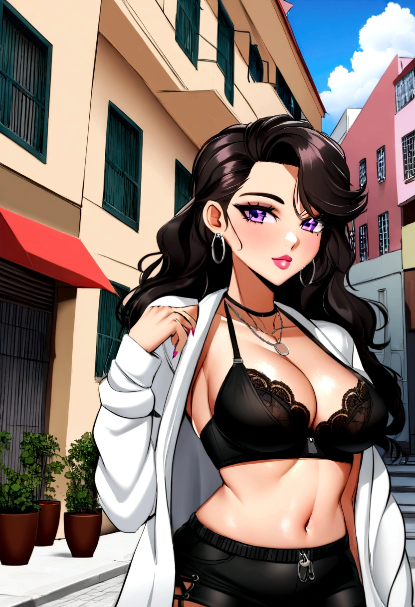Araffe woman in black lingerie posing near a building, bra and shorts in streetwear, Violet Myers, young lady, sexy girl, 30 year old woman from Cuba., 18 years, sexy black shorts, Looks like Fabiula Nascimento, her navel is exposed, Instagram model, 16 years, seductive lady