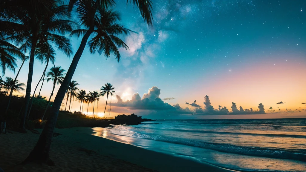 supernova　,starry sky　,planet　,fantasy ,Hawaii ,beach ,waves ,ocean ,city ,palm trees, moon 