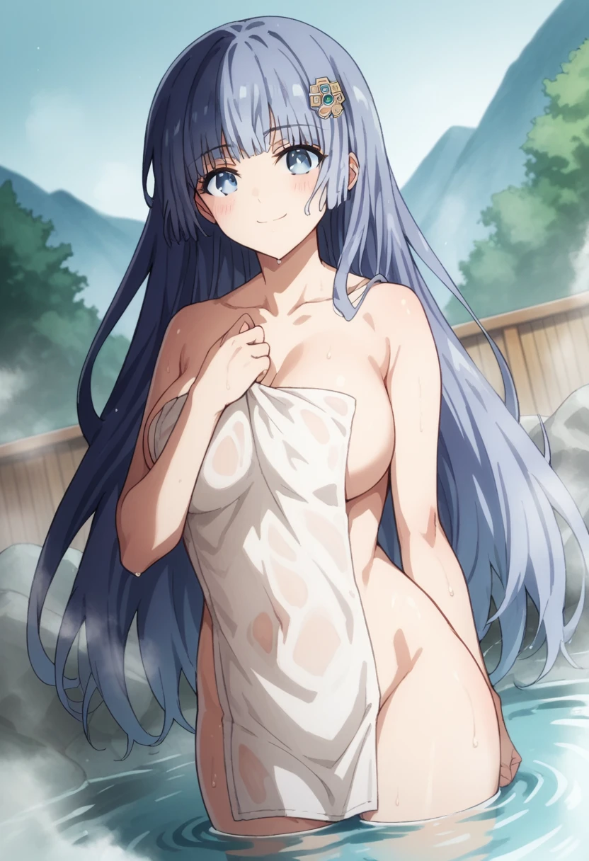 Score_9, Score_8_up, Score_7_up, anime_font, mikuizayoi, miku izayoi, bangs, blunt bangs, hime cut, hair ornament, long hair, blue eyes, blue hair, alone, looking at viewer, blush, smile, naughty face, big breasts ,
naked, naked, 
outdoor, onsen, towel, bare towel, steam, bath, bare cover, partially submerged, water, bath, steam censor, wet towel, flush,
cowboy shot, dutch angle, looking at viewer, solo,