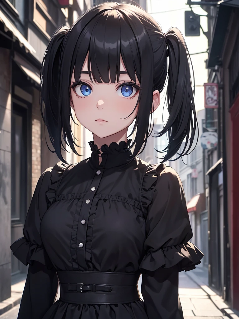 (8K, Best Quality, Masterpiece, Ultra High Resolution) Girl Toddler, Short, Beautiful Eyes, Face Details, Black Hair, Pigtails, Hair Bangs, Blue Eyes, Dark Circles Under Eyes, Pale Skin, Gothic, Short Maid Dress, Cute Black Dress, Dark Alleyway, Night Time, Dark Atmosphere, Night, Night Alleyway, Tokyo, Masterpiece, Best Quality, Upper Body, Looking at the Viewer, Close Up