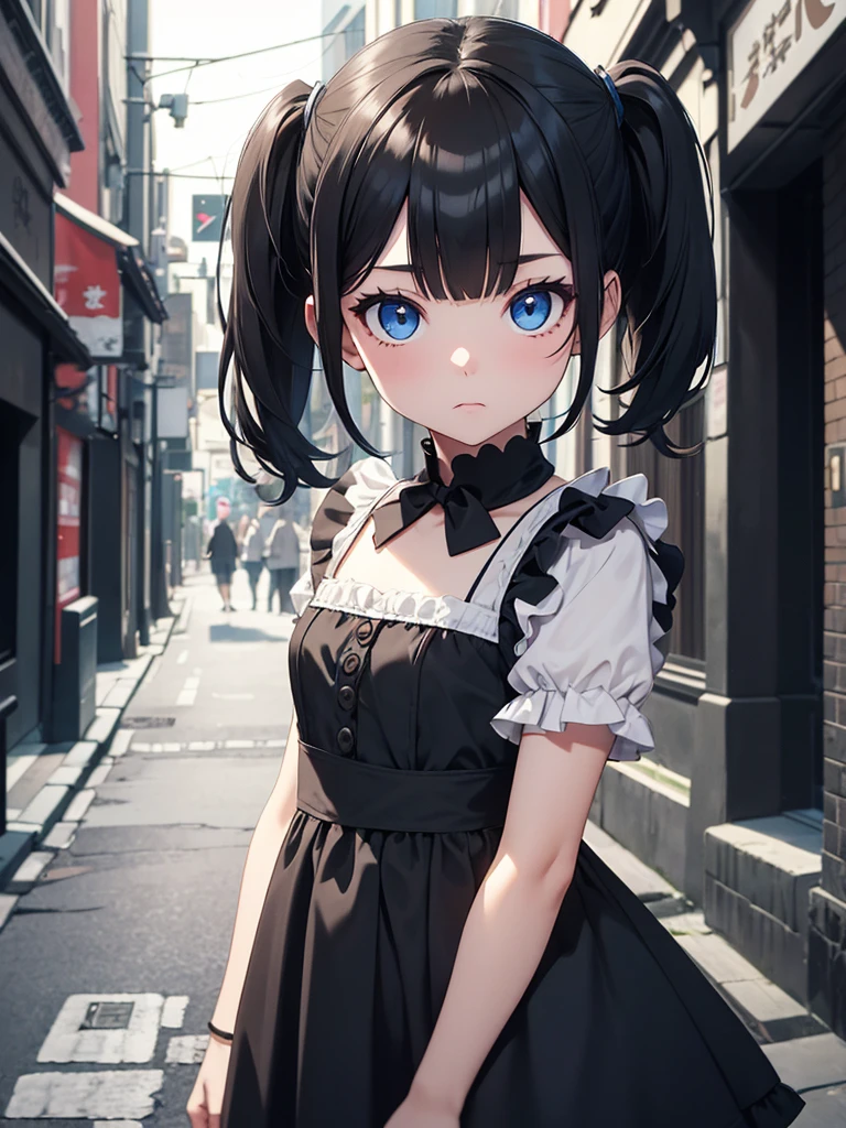 (8K, Best Quality, Masterpiece, Ultra High Resolution) Girl Toddler, Short, Beautiful Eyes, Face Details, Black Hair, Pigtails, Hair Bangs, Blue Eyes, Dark Circles Under Eyes, Pale Skin, Gothic, Short Maid Dress, Cute Black Dress, Dark Alleyway, Night Time, Dark Atmosphere, Night, Night Alleyway, Tokyo, Masterpiece, Best Quality, Upper Body, Looking at the Viewer, Close Up