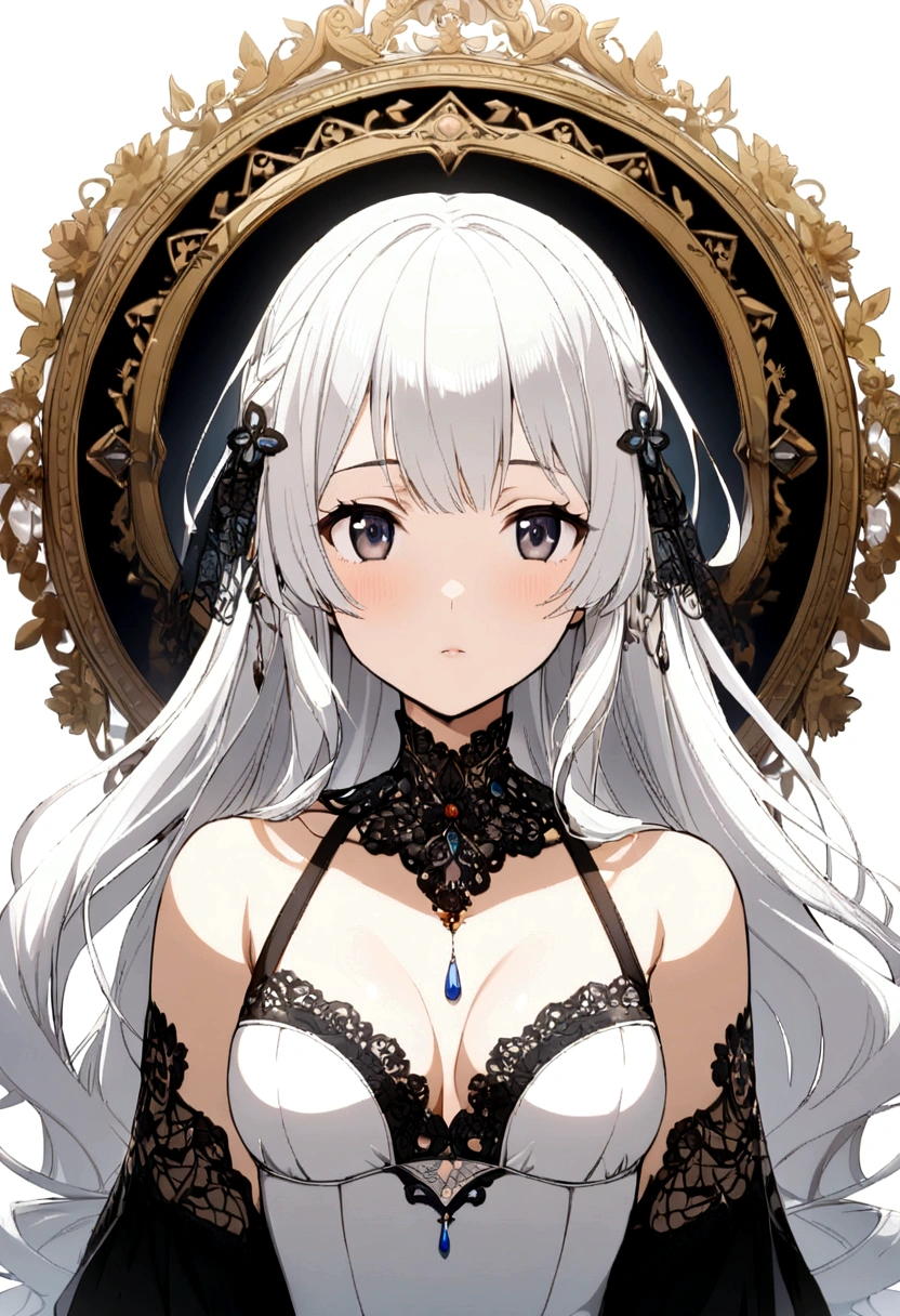 1 girl , black eyes , white hair, long hair, white bra , upper body  anime girl 