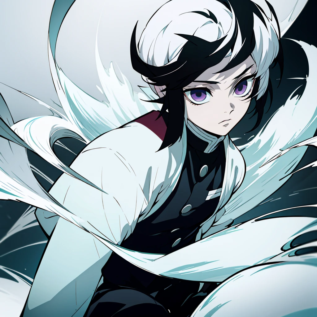 fifteen year old male, Uniform demon slayer, ying yang sword, Beautiful visual quality, Short hair, White and black color theme