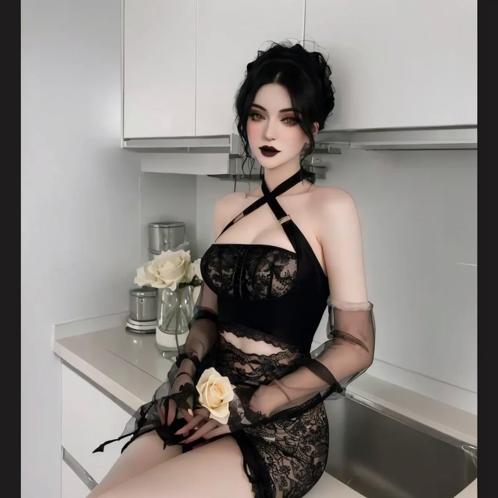 there is a woman sitting on a counter with a rose in her hand, with pale skin, pale goth beauty, young beautiful amouranth,  look, lacey, very  outfit, sensual gloomy style, very beautiful goth top model, wearing , kylie jenner, 1 7 - year - old goth girl,  outfit,  dress, pale fair skin!!