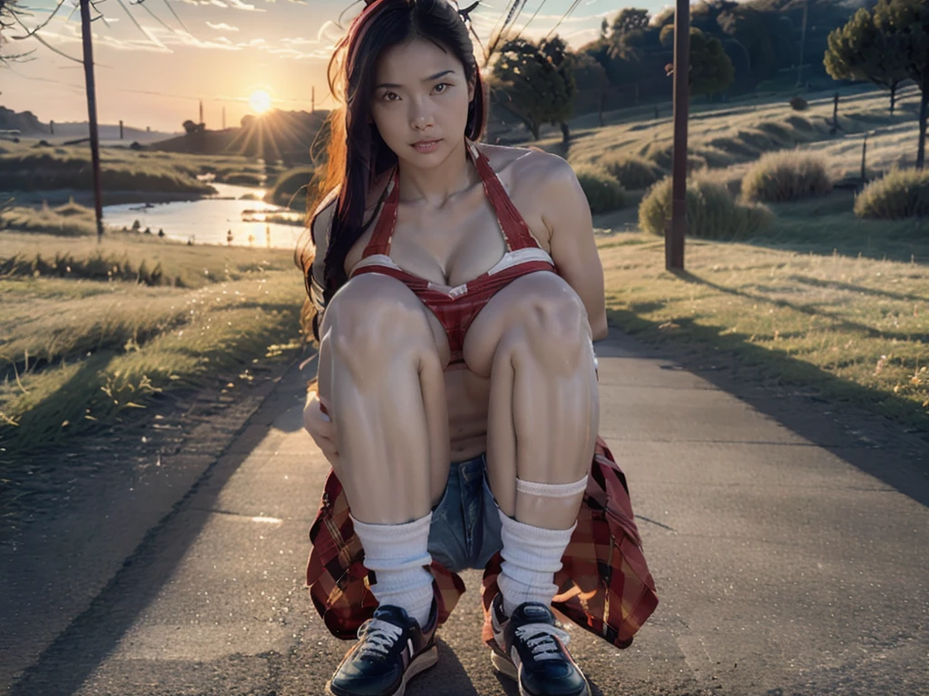 Woman riding a Harley,Long black hair with red highlights, Full Scene Shot, Highest quality, sunset, Step Path, The wind is blowing,Looking up at the sky, Beautiful woman, Outdoor Scene, Natural scenery, bikini, Umbilical cord prolapse, Wearing low rise denim shorts,Cross Belt、Highly detailed face and skin texture, Fine grain,, whole body, Octane Rendering,Two-tone lighting,wide aperture,Low ISO,White balance