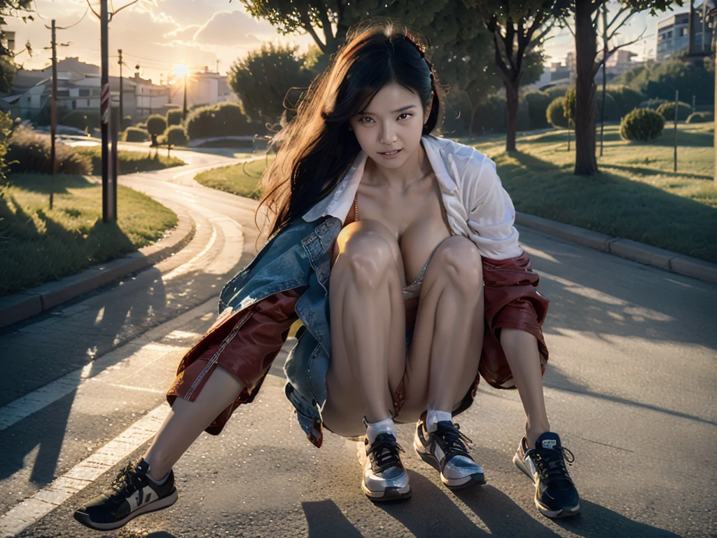 Woman riding a Harley,Long black hair with red highlights, Full Scene Shot, Highest quality, sunset, Step Path, The wind is blowing,Looking up at the sky， Beautiful woman, Outdoor Scene, Natural scenery, bikini, Umbilical cord prolapse, Wearing low rise denim shorts，Cross Belt、Highly detailed face and skin texture, Fine grain,, whole body, Octane Rendering,Two-tone lighting,wide aperture,Low ISO,White balance