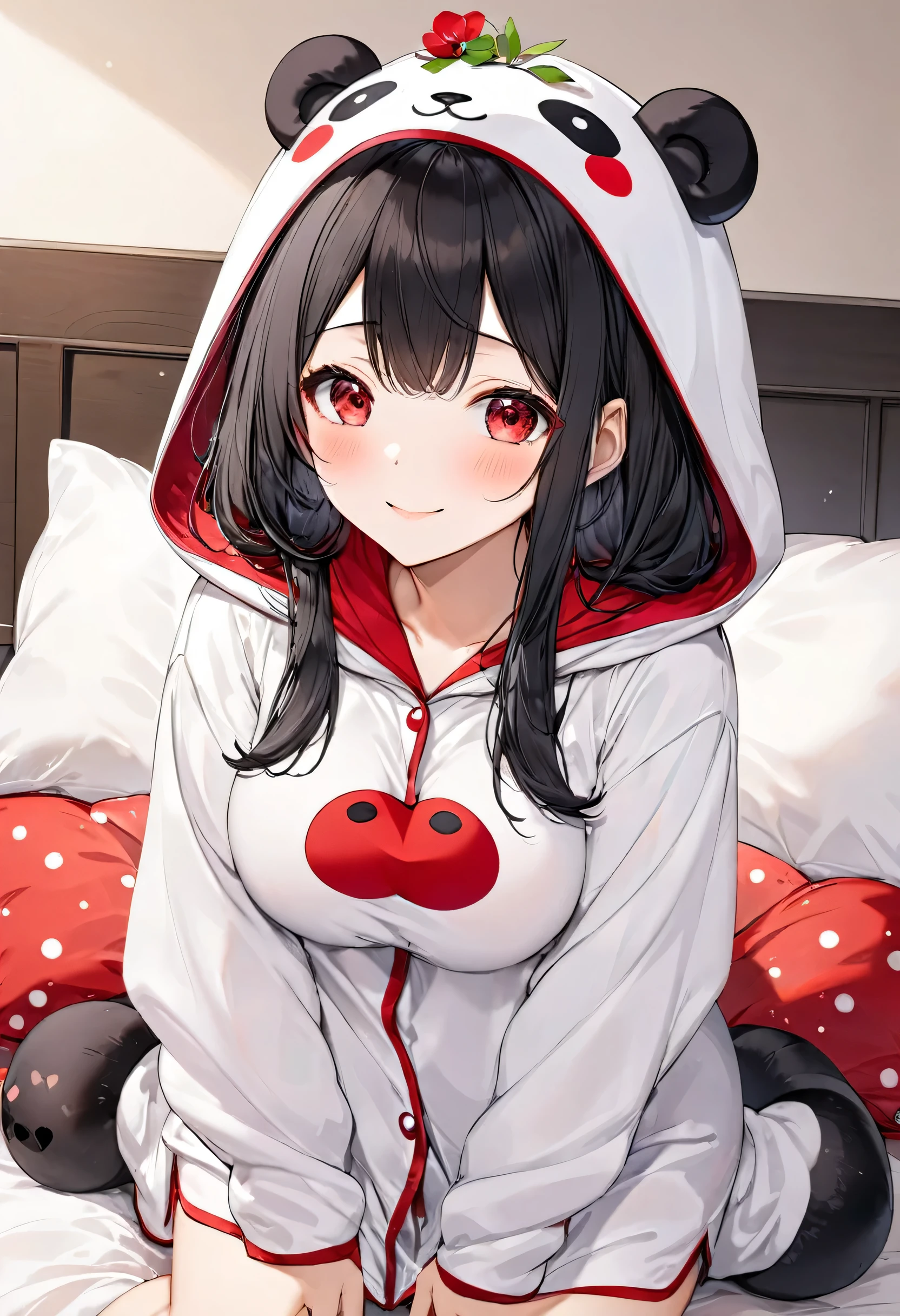 (Kigurumi pajamas style) (18 yo, solo straight:1.2 black hair long hair sexy girl, cute red eyes, love smile, big tits), (in a Kumamon:1.3 hooded kigurumi pajamas), break, in the lovely bedroom of Kumamoto, BREAK, masterpiece, best quality, 16k, beautiful detailed grow, daydreaming expression.