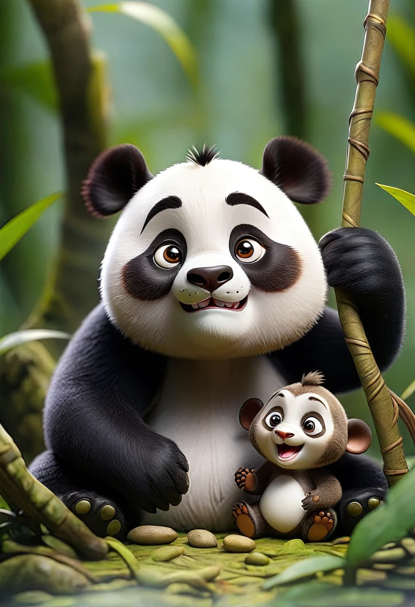 Panda named Pipo in a jungle adventure discovers a little monkey 