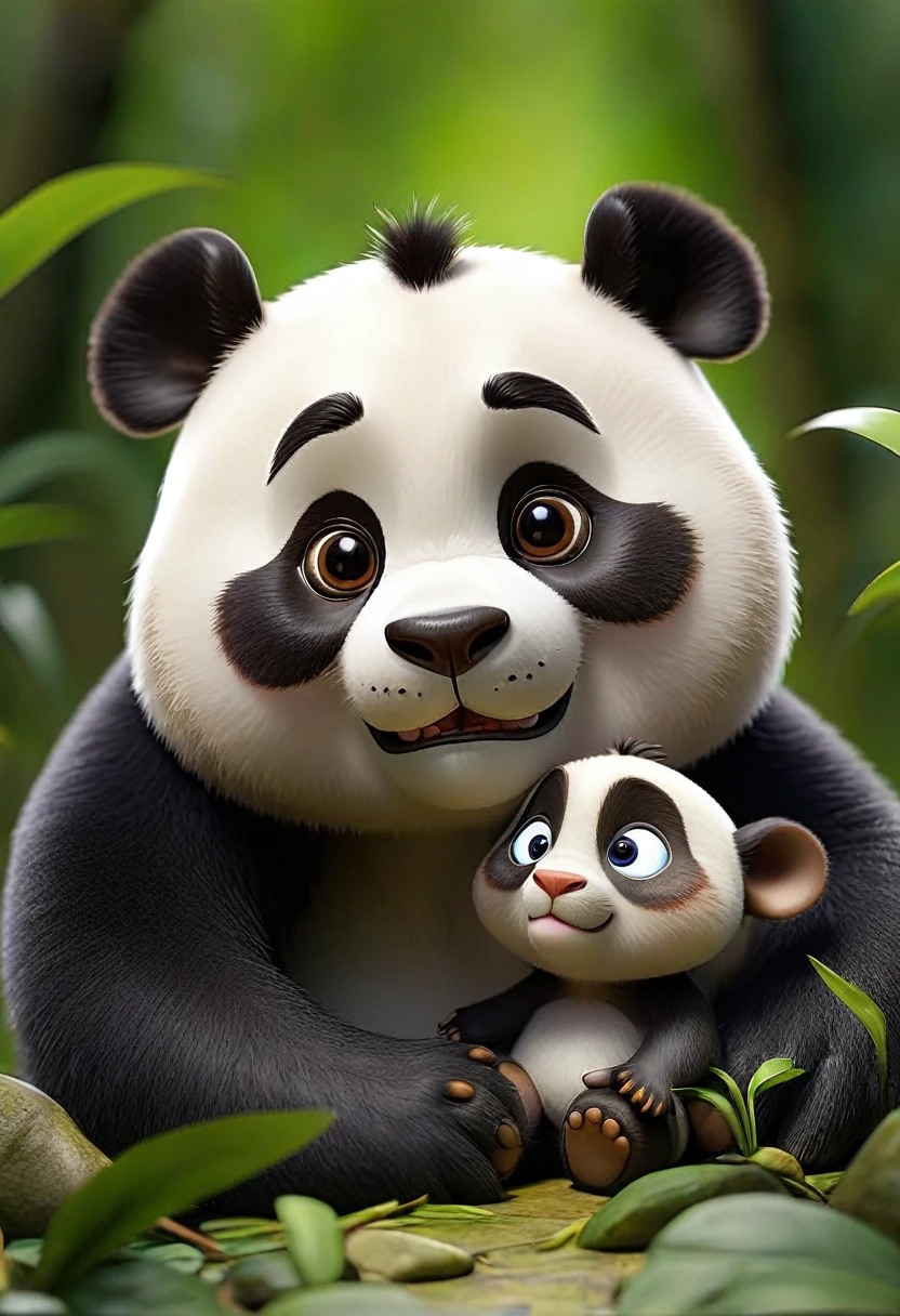 Panda named Pipo in a jungle adventure discovers a little monkey