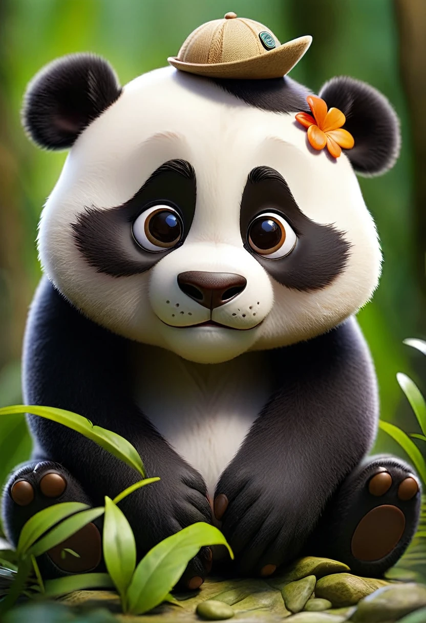 Panda named Pipo in a jungle adventure discovers a little monkey 