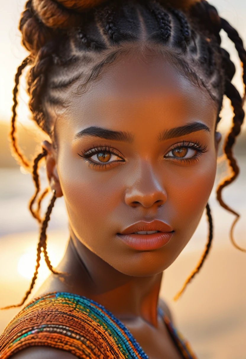 a detailed portrait of an african god, beautiful detailed eyes, beautiful detailed lips, extremely detailed face and skin, long eyelashes, intricate braided hairstyle, tilted view from the front, 4k, ultra-detailed, high resolution, photorealistic, masterpiece, cinematic lighting, dramatic shadows, rich vibrant colors, warm color palette (nnlnnx_1985-1987_v1.4g:0.5), nnlnnx, cabelo curto, (foco nitído:1.2), retrato, notractive young woman, (rosto bonito:1.1), olhos detalhados, lábios deliciosos, (maquiagem dos olhos:1.2), (corpo apertado:1.2), Vestindo (vestido florido:1.2) no (a praia:1.2). (iluminação do sol da manhã:1.2), profundidade de campo, bokeh, 4K, hdr. por (James C.. Christensen:1.2|Jeremy Lipking:1.1).