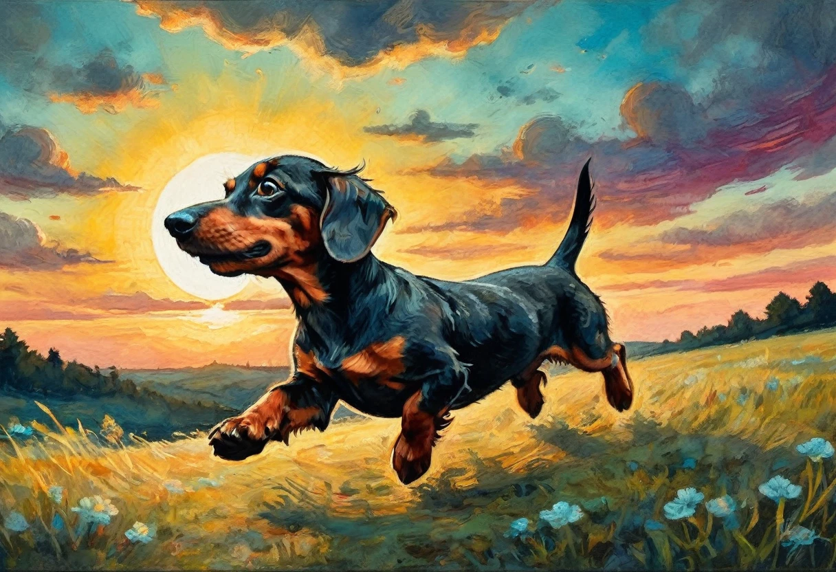  A bright colorful painting, Crudely drawn, cartoon-style children's book illustrations in watercolor and crayon depict a curious Dachshund running towards the viewer., a sky with clouds illuminated by the setting sun, in the style of James R. Eads, acrylic, splashes of paint, colorful, fantastic, realistic surrealism, neo-Romanticism, complex details, high detail, octane, 8K